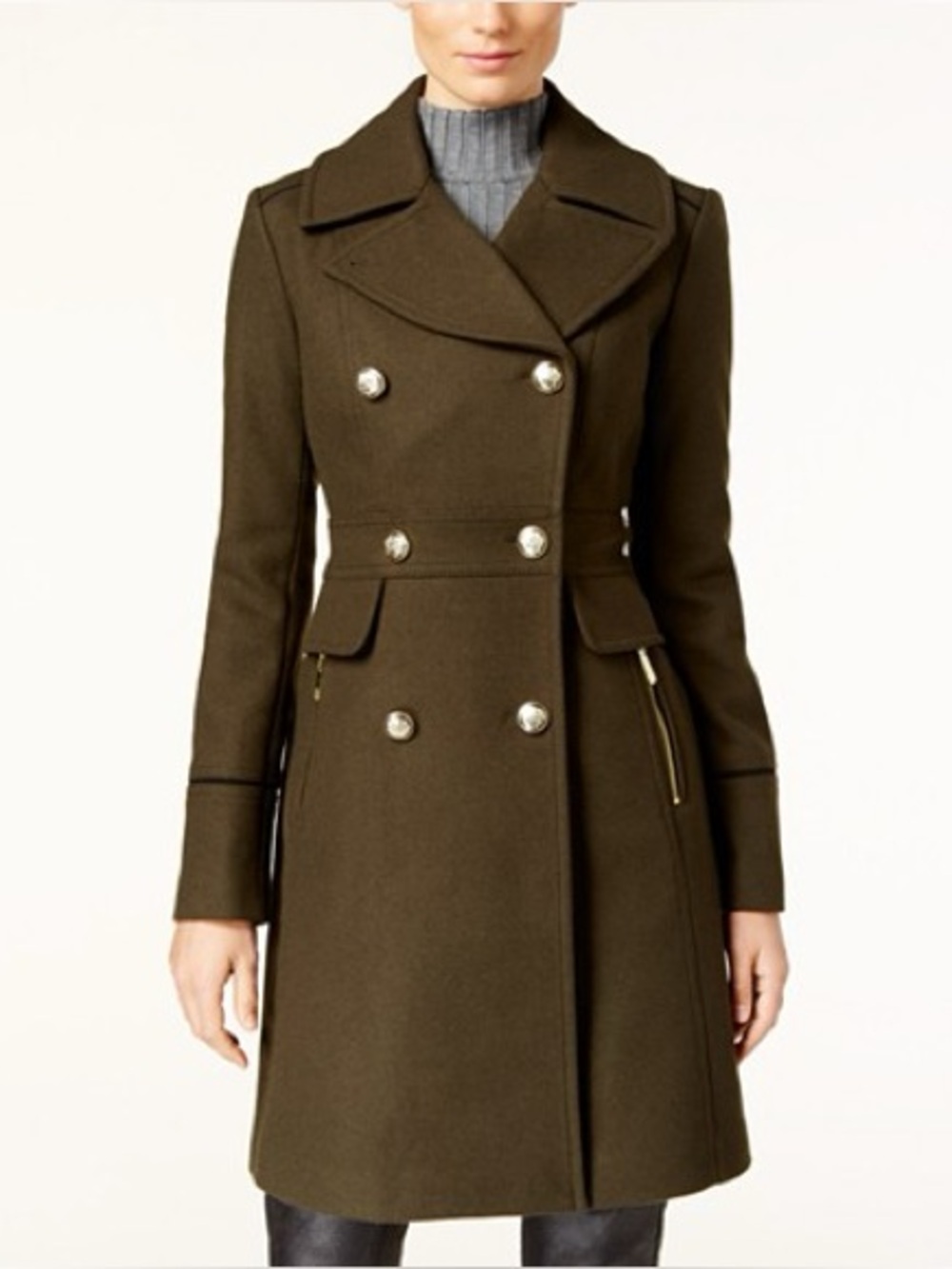 Vince Camuto Double Breasted Military Style Wool Mid Length Coat NWT